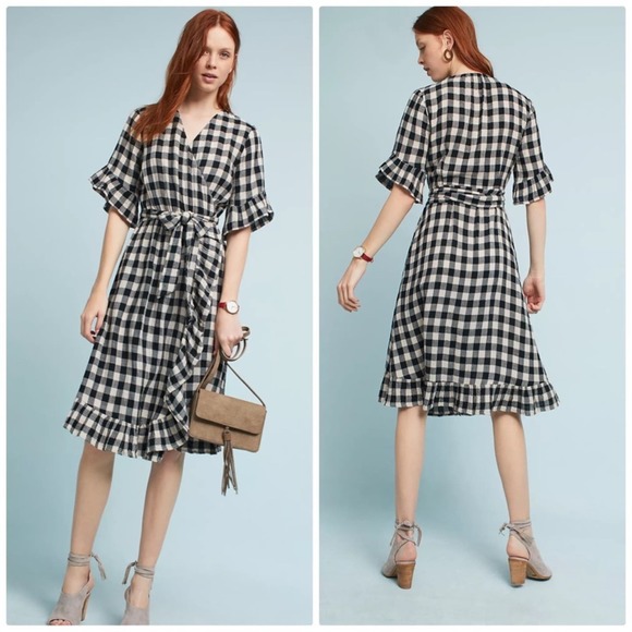 Anthropologie Isabella Sinclair Gingham Flutter Wrap Ruffle Hem Dress Size Small - Picture 1 of 8